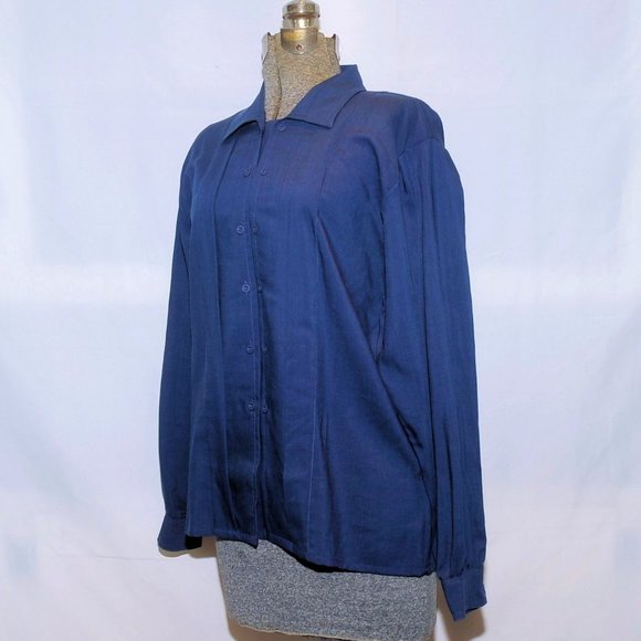VTG 80's Jaeger Navy Blue Fine Lightweight Wool Blouse Double Front Buttons M/L - Picture 10 of 13